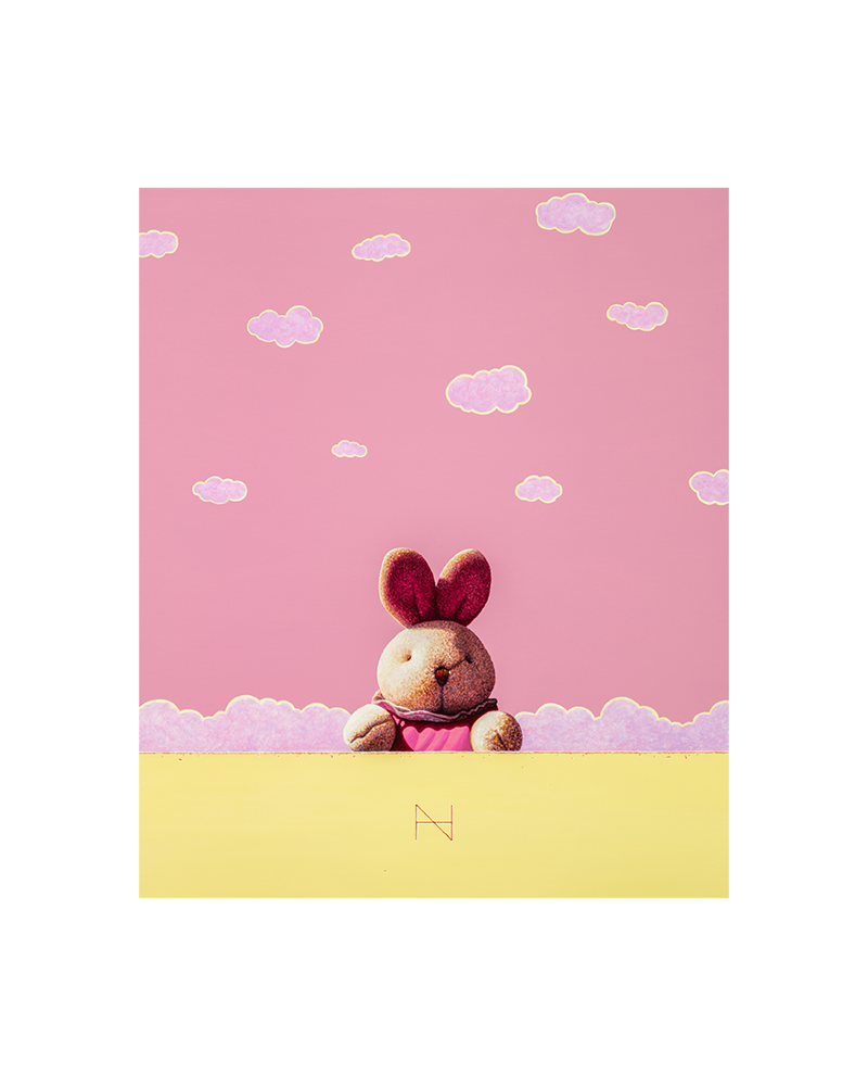 Rabbit over the wall (Pink sky, Lemon yellow wall)
